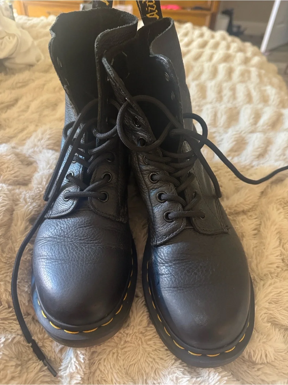 Dr. Martens Black 8-Eye Lace-Up Leather Boots with Yellow Stitching